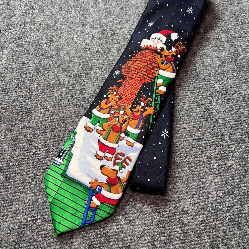 Yule Tie Greetings Hallmark Reindeer Santa Chimney Christmas Necktie Navy Blue